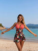 Women's Coral Halter Swimdress — Tropical Floral Skirt & Ruched Tummy Control by FitiqueFit