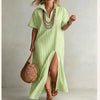 Women's Striped Slit Maxi Dress – V-Neck Short Sleeve by FitiqueFit
