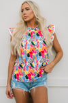 Pink Multicolor Abstract Print High Neck Flutter Sleeves Top
