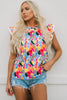 Pink Multicolor Abstract Print High Neck Flutter Sleeves Top
