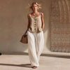 Women's Front-Button Cardigan Sleeveless Top & Long Pants Set by FitiqueFit