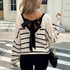 Women’s Striped V-Neck Sweater with Back Bow by FitiqueFit