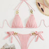 Bikini Ruched Texture Golden Chain 2 Piece Triangle Swimsuit for Women – Striped Halter Bikini Set with Bow Tie Side and Elegant Ring Link Detail – Stretchy Beachwear for Pool Bathing and Summer Vacations by Stevvex