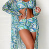 Modern Geo 3-Piece Bikini Set – Vibrant Geometric Print Fluttering Swimwear with V-Neck Top Boxer Shorts Bottoms and Long Sleeve Cover Shirt – Comfortable High-Stretch Women’s Beachwear for Pool & Summer Vacations by Stevvex