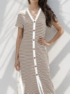 Contrast Striped V-Neck Short Sleeve Midi Dress