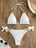 Bikini Ruched Texture Golden Chain 2 Piece Triangle Swimsuit for Women – Striped Halter Bikini Set with Bow Tie Side and Elegant Ring Link Detail – Stretchy Beachwear for Pool Bathing and Summer Vacations by Stevvex