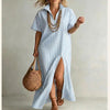 Women's Striped Slit Maxi Dress – V-Neck Short Sleeve by FitiqueFit