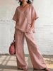 Women's Loose Cotton-Linen V-Neck Top & Wide-Leg Pants Set by FitiqueFit