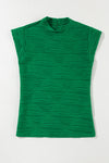 Dark Green Wavy Textured Mock Neck Cap Sleeve Top