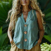 Cotton-Linen Sleeveless V-Neck Button Shirt – 3 Colors, S–2XL by FitiqueFit