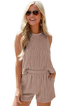 Black Corded Sleeveless Top and Pocketed Shorts Set