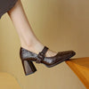 Women's Sheepskin Mary Jane Heels – Square Toe Chunky Heel Buckle Pumps by FitiqueFit