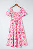 Pink Brush Stroke Printed Smocked Ruffle Tiered Dress
