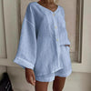 Women's Cotton Linen Shirt & Shorts Set – Long Sleeve, Button, Casual 2-Piece by FitiqueFit