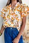 Ruffled Notched Short Sleeve Floral Blouse