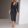 Elegant Style V-neck Solid Color Bandage Regular Sleeve Mid Dresses Light Gray by FitiqueFit