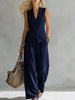 Women's Solid Linen Sleeveless Tank Top & Full-Length Pants Set by FitiqueFit
