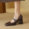 Women's Sheepskin Mary Jane Heels – Square Toe Chunky Heel Buckle Pumps by FitiqueFit