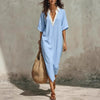 Women's V-Neck Loose Cropped-Sleeve Linen Midi Dress with Pockets by FitiqueFit