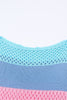Sky Blue Knitted Eyelet Colorblock Striped Half Sleeves Top