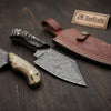 6-Inch Forged Damascus Skinning Knife — Ram Horn Handle, Full Tang & Leather Sheath | JW Steel Crafts by JW SteelCrafts