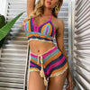 Crochet Bikini Sets Multi Color Knitted Rainbow Striped Off Shoulder Top Bottom Bikini Women's Crochet Striped Lace Up Shorts Bikini Set 2 PCS Knit Bathing Suit Swimsuit Beachwear Bathing Suit Women Swimsuit by Stevvex