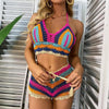 Crochet Bikini Sets Multi Color Knitted Rainbow Striped Off Shoulder Top Bottom Bikini Women's Crochet Striped Lace Up Shorts Bikini Set 2 PCS Knit Bathing Suit Swimsuit Beachwear Bathing Suit Women Swimsuit by Stevvex