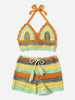 Crochet Bikini Sets Multi Color Knitted Rainbow Striped Off Shoulder Top Bottom Bikini Women's Crochet Striped Lace Up Shorts Bikini Set 2 PCS Knit Bathing Suit Swimsuit Beachwear Bathing Suit Women Swimsuit by Stevvex