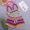 Crochet Bikini Sets Multi Color Knitted Rainbow Striped Off Shoulder Top Bottom Bikini Women's Crochet Striped Lace Up Shorts Bikini Set 2 PCS Knit Bathing Suit Swimsuit Beachwear Bathing Suit Women Swimsuit by Stevvex