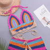 Crochet Bikini Sets Multi Color Knitted Rainbow Striped Off Shoulder Top Bottom Bikini Women's Crochet Striped Lace Up Shorts Bikini Set 2 PCS Knit Bathing Suit Swimsuit Beachwear Bathing Suit Women Swimsuit by Stevvex