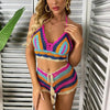 Crochet Bikini Sets Multi Color Knitted Rainbow Striped Off Shoulder Top Bottom Bikini Women's Crochet Striped Lace Up Shorts Bikini Set 2 PCS Knit Bathing Suit Swimsuit Beachwear Bathing Suit Women Swimsuit by Stevvex