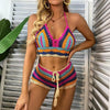 Crochet Bikini Sets Multi Color Knitted Rainbow Striped Off Shoulder Top Bottom Bikini Women's Crochet Striped Lace Up Shorts Bikini Set 2 PCS Knit Bathing Suit Swimsuit Beachwear Bathing Suit Women Swimsuit by Stevvex