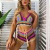 Crochet Bikini Sets Multi Color Knitted Rainbow Striped Off Shoulder Top Bottom Bikini Women's Crochet Striped Lace Up Shorts Bikini Set 2 PCS Knit Bathing Suit Swimsuit Beachwear Bathing Suit Women Swimsuit by Stevvex