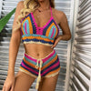 Crochet Bikini Sets Multi Color Knitted Rainbow Striped Off Shoulder Top Bottom Bikini Women's Crochet Striped Lace Up Shorts Bikini Set 2 PCS Knit Bathing Suit Swimsuit Beachwear Bathing Suit Women Swimsuit by Stevvex