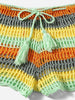 Crochet Bikini Sets Multi Color Knitted Rainbow Striped Off Shoulder Top Bottom Bikini Women's Crochet Striped Lace Up Shorts Bikini Set 2 PCS Knit Bathing Suit Swimsuit Beachwear Bathing Suit Women Swimsuit by Stevvex