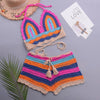 Crochet Bikini Sets Multi Color Knitted Rainbow Striped Off Shoulder Top Bottom Bikini Women's Crochet Striped Lace Up Shorts Bikini Set 2 PCS Knit Bathing Suit Swimsuit Beachwear Bathing Suit Women Swimsuit by Stevvex