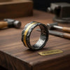 Mens Damascus Steel Wedding Band Hammered Finish with Brass Inlay by JW SteelCrafts
