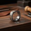 Damascus Steel Wedding Ring Faceted Band with Brass Inlay by JW SteelCrafts