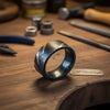 Mens Damascus Steel Wedding Band Wide Ring with Gold Inlay by JW SteelCrafts