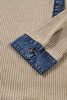 Beige Ribbed Knit Denim Patchwork Button Polo Collar Cuffed Long Sleeve Top by Wild and Free Boutique