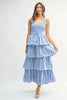 Pin Stripe Smocked Bodice Layered Midi Dress – Smocked Bodice Dress, Fluttering Pinstripe Midi Dress, Layered Midi Dress, Trendy Midi Dress, Flattering Pinstripe Dress by Stevvex