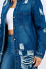 American Dark Blue Bazi Distressed Button Up Long Sleeve Jacket Trendy Buttoned Jacket with Distressed Finish for Women by Stevvex