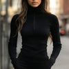 Solid Ribbed Half-Zip Turtleneck Knit Top by FitiqueFit