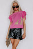 Pink Leopard Ruffled Sleeve Round Neck Knit Sweater