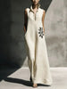 Women's Cotton Linen Mandarin Collar Maxi Dress – Graphic Print with Pockets by FitiqueFit