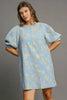 Floral Blue Jacquard Puff Sleeve Mini Dress Elegant Vintage-Inspired Dress for Women by Stevvex