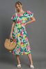 Colorful Full Size Floral Print Puff Sleeve Midi Dress Plus Size Elegant & Feminine Romantic Long Dress by Stevvex