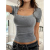 Women’s Y2K Lace Trim Slim Fit Tee – U-Neck Short Sleeve Top by FitiqueFit