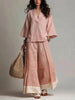 Women's Cotton-Linen V-Neck 3/4 Sleeve Shirt & Wide-Leg Pants Set by FitiqueFit
