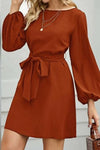 Tied Boat Neck Balloon Sleeve Mini Dress